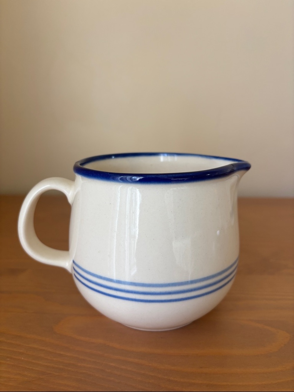 Vintage East Germany DDR Cream Ceramic Creamer with Blue Trim and Stripe Pitcher - Picture 2 of 5